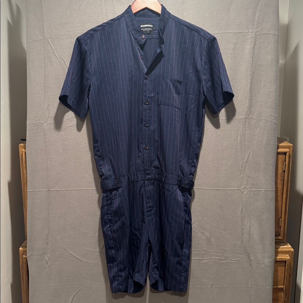 RomperJack Men's Sz L Dark Blue Pink Stretch Short Sleeve Shorts Romper‎